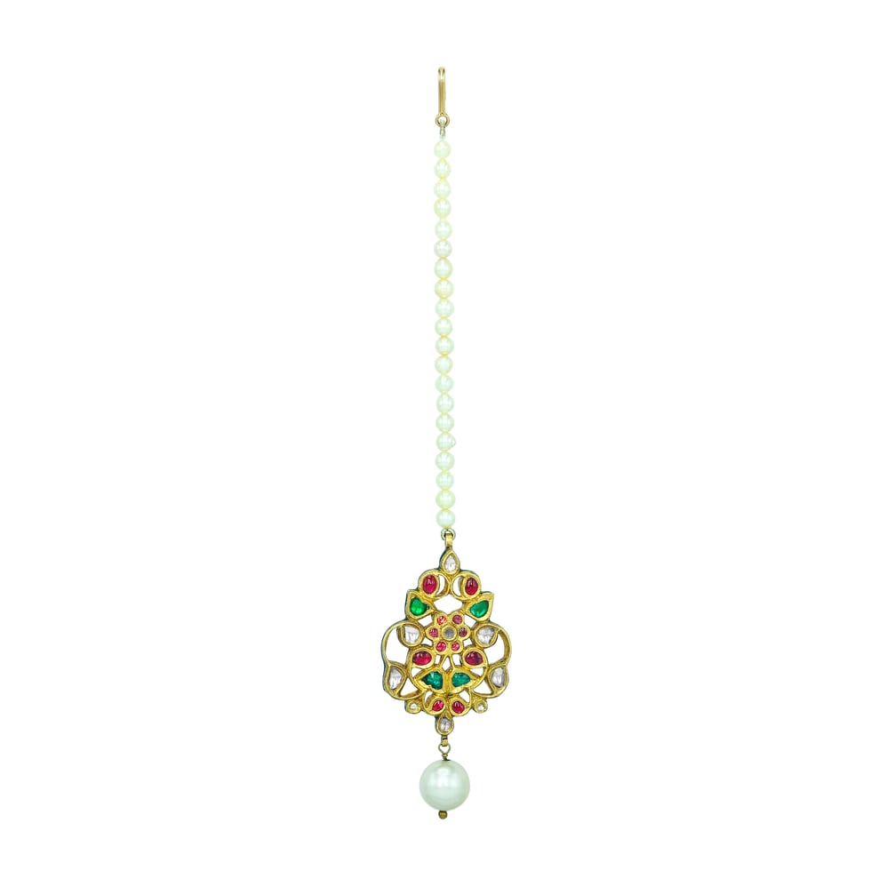 Multi Hue Maang Tikka with Polkis and Pearl Drop